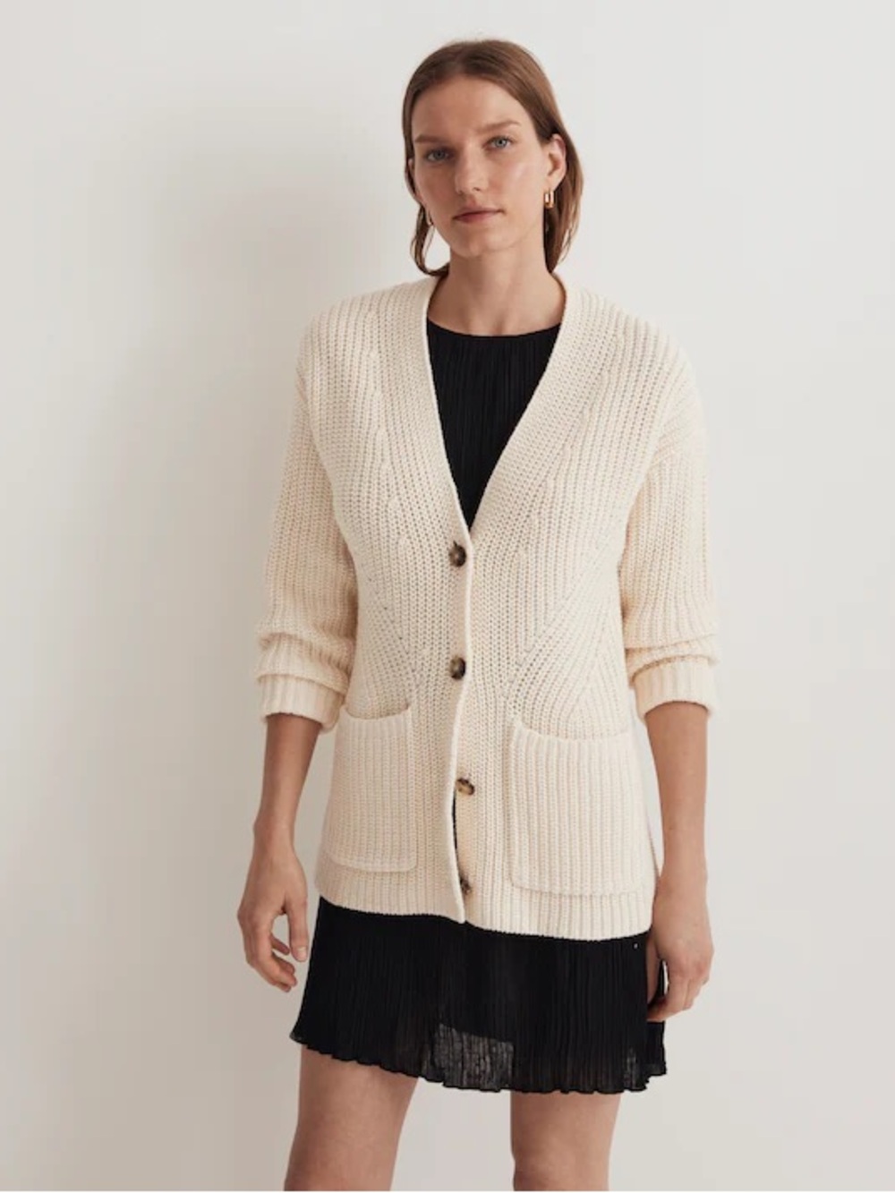 Madewell Textural-Stitch V-Neck Cardigan Sweater in Antique Cream